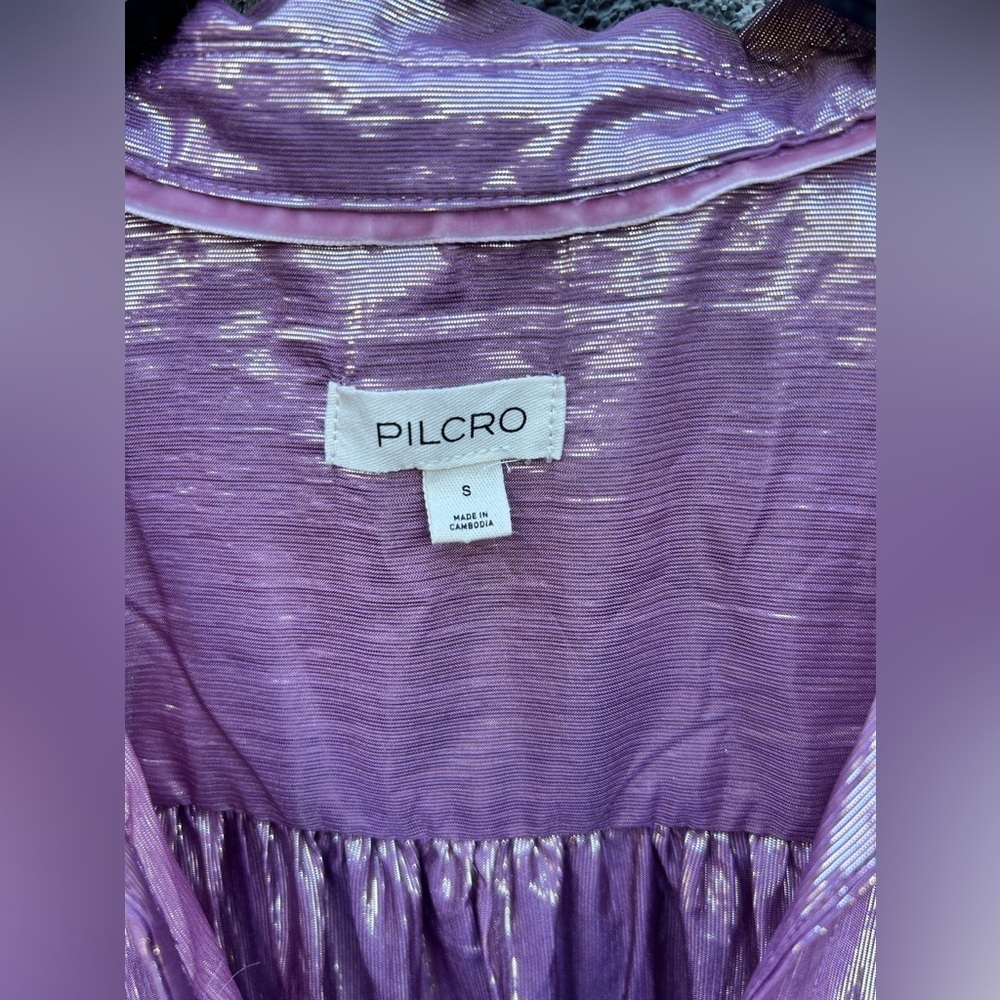 Anthropologie Pilcro Long-Sleeve V-Neck Metallic High-Low Dress in Lilac - Picture 7 of 13